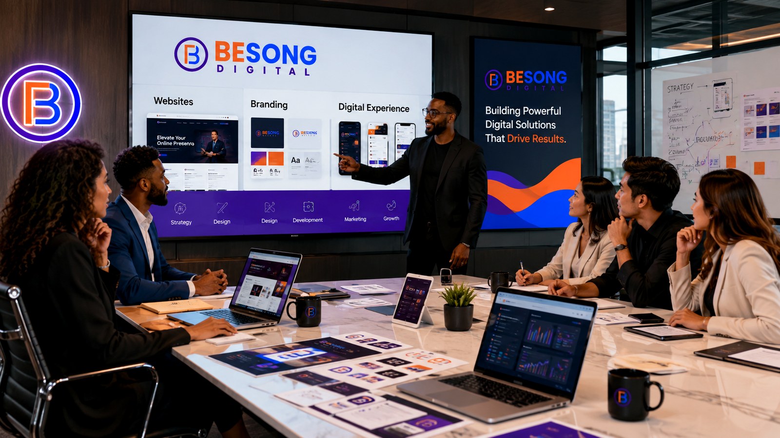 BESONG Digital strategy and design team collaborating in a modern studio